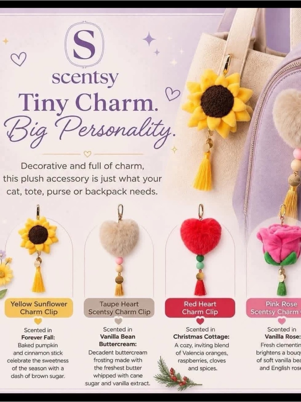 Scentsy Pink Rose Purse Charm Clip in Vanilla Rose fragrance Pom Pom NWT - Picture 3 of 3